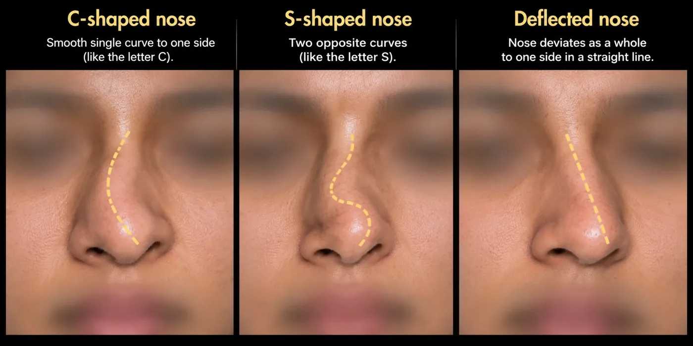 Three faces with a dashed line along the nose: C-shaped, S-shaped and deflected (tilted) crooked noses