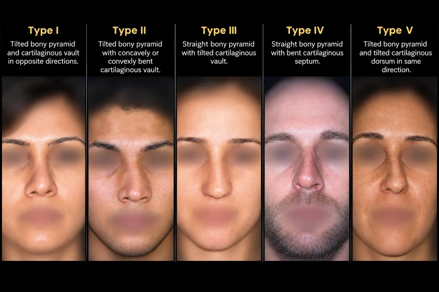Five faces showing crooked nose types I to V