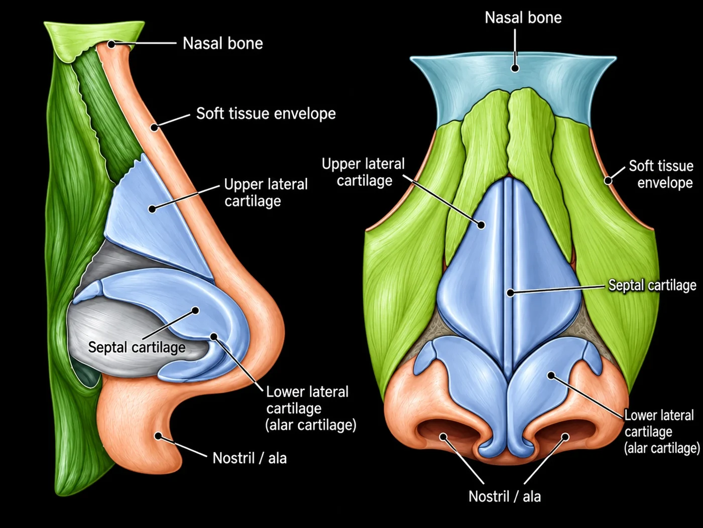 Labelled diagram of the nose from the side and front: nasal bone, upper lateral cartilage, septal cartilage, lower lateral (alar) cartilage, nostril (ala) and the soft tissue envelope