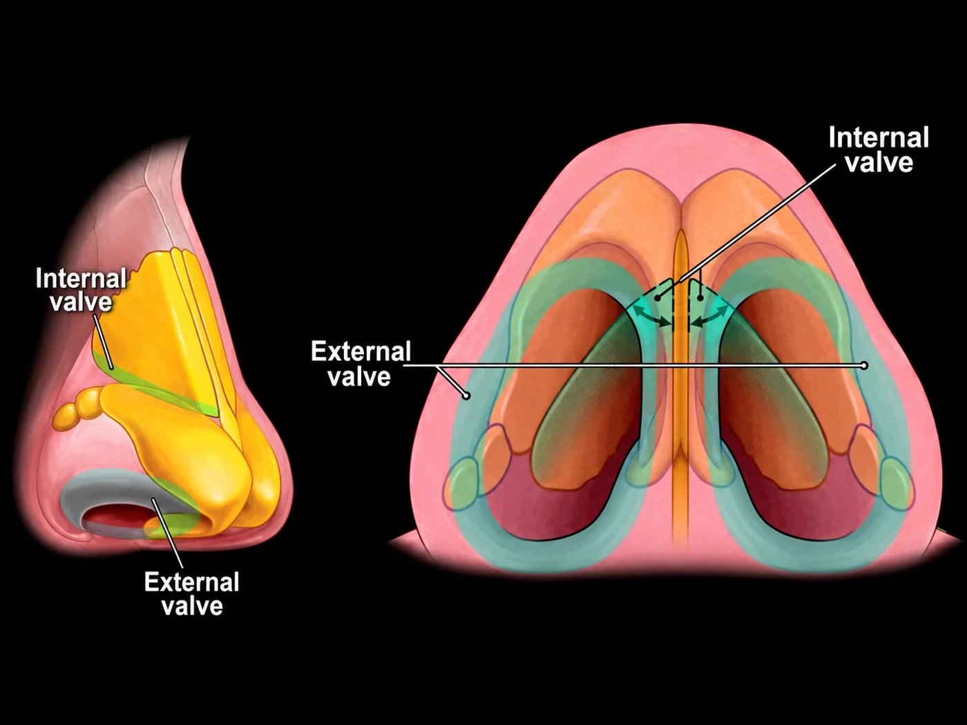 Diagram of the internal and external nasal valves, from the side and from below